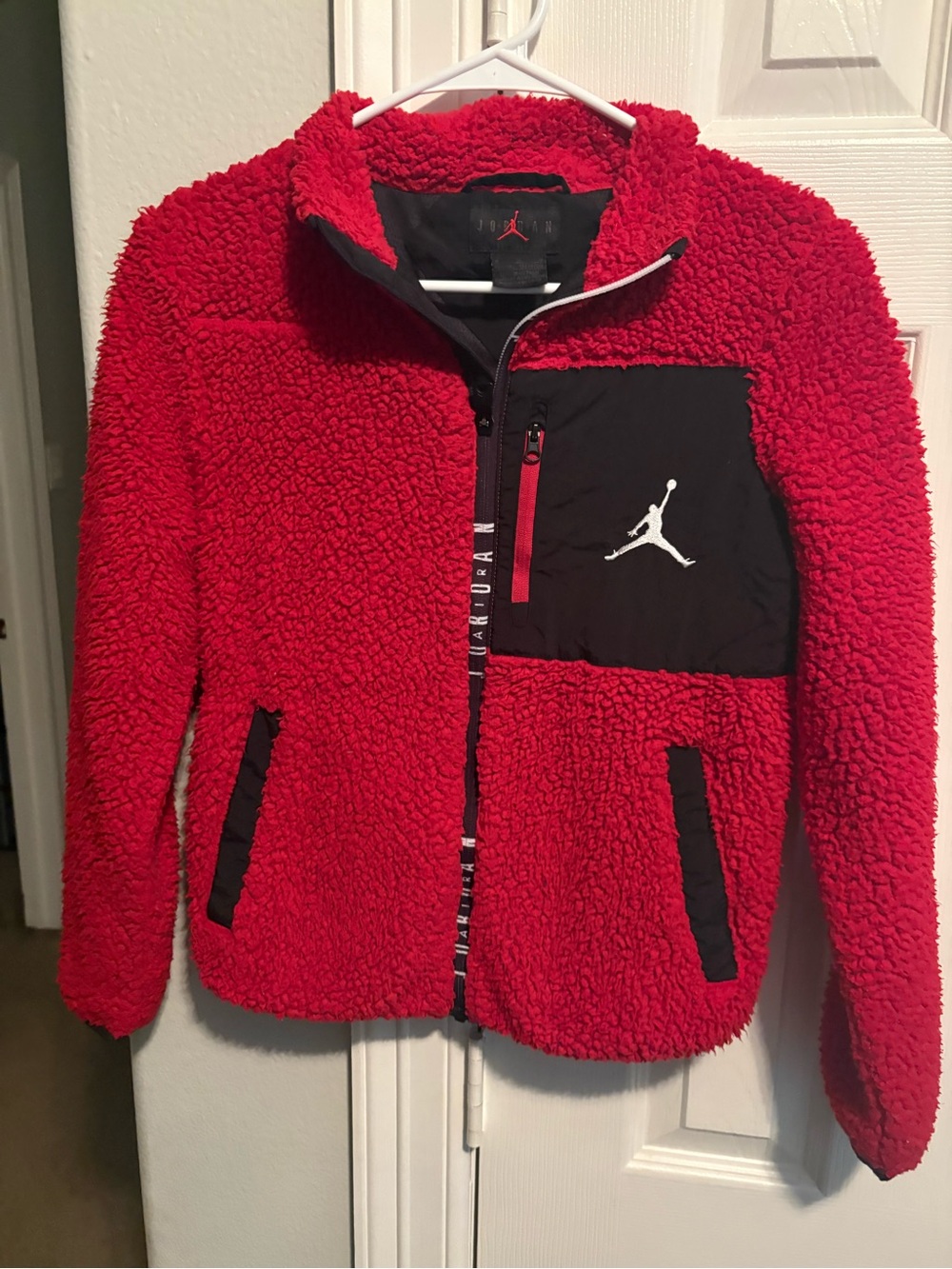 Jordan Red Sherpa Puffer Jacket with Black Accent Panel